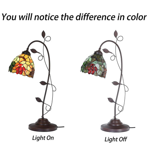 Grape Tiffany Style Stained Glass Table Lamp With Grapevine Decorated Base, warm glow light on and off comparison