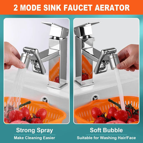 1440 Degree Faucet Aerator Extension Swivel Head With Two Spray Modes shown for kitchen sink use
