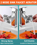 2 Mode Sink Faucet Aerator showing strong spray and soft bubble modes with Kid Friendly 1440 Degree Faucet Extender For Toddlers In Bathroom And Kitchen