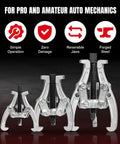 Three-Jaw Gear Puller Kit with 3 4 6 Inch Draws Reversible Jaws Carbon Steel Construction displayed front view.