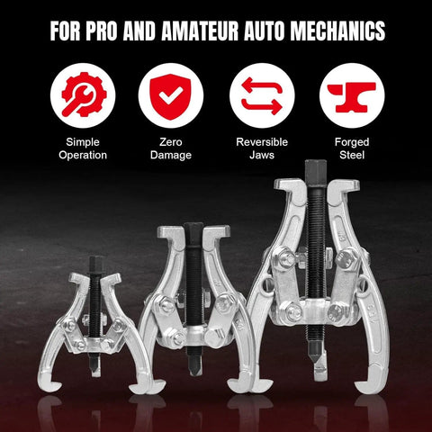 Three-Jaw Gear Puller Kit with 3 4 6 Inch Draws Reversible Jaws Carbon Steel Construction displayed front view.