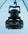 Hanging LED lantern fan inside two person dome tent for backpacking hiking or backyard adventures lightweight 2.75lb outdoor shelter.