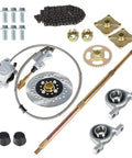Bulletproof Rear Axle Assembly Kit For Go Kart And ATV Features Beefed Up Shafts Four Hole Wheel Hub Complete 37 Tooth Sprocket Chain Setup And Quick Fit Disc Brake Master Cylinder assembly parts including brake rotor, sprocket, chain, and mounts.