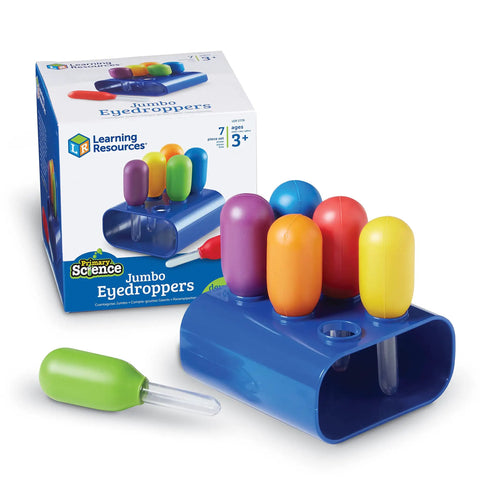 Big Grip Eyedroppers For Kids Easy Squeeze Jumbo Droppers with blue stand and packaging for hands-on science fun