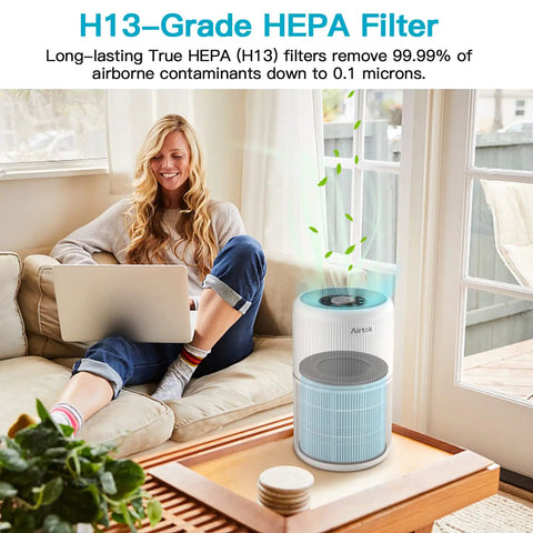 Woman sitting next to air purifier using Replacement Filters For AP0601 Air Purifier, 4-In-1 High-Efficiency HEPA Filter, 2 Pack.