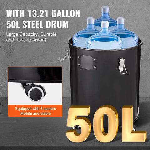 Cyclone Dust Separator With Metal Tank For Dust Collectors showing 50L drum capacity and caster on concrete surface.