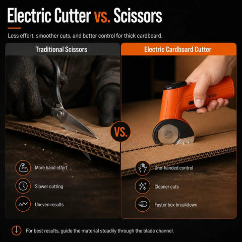 Comparison of Electric Cardboard Cutter vs Traditional Scissors for cutting thick cardboard, showcasing design and use.