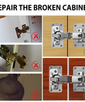 Cabinet Hinge Repair Plate Kit With Stainless Steel Fixing Plates For Cupboard Doors, Rust Resistant, No Sweat Install, 12 Pieces, Fits 48mm Center-To-Center Hinge Cup Holes, image showing before and after installation on wooden cabinet doors.