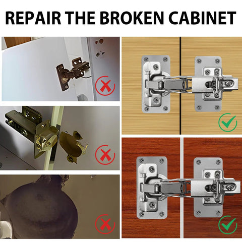 Cabinet Hinge Repair Plate Kit With Stainless Steel Fixing Plates For Cupboard Doors, Rust Resistant, No Sweat Install, 12 Pieces, Fits 48mm Center-To-Center Hinge Cup Holes, image showing before and after installation on wooden cabinet doors.
