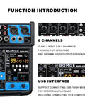 Six Channel Mini DJ Audio Mixer With USB Interface Bluetooth and 99 DSP Effects close-up of controls and ports in black.