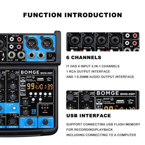 Six Channel Mini DJ Audio Mixer With USB Interface Bluetooth and 99 DSP Effects close-up of controls and ports in black.