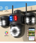 Knockout Quality Outdoors Wireless Security Cam Featuring Sharp AI Human Detection And Crisp 720P HD Video, showing motion detection lights and smartphone app.