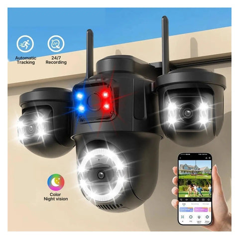 Knockout Quality Outdoors Wireless Security Cam Featuring Sharp AI Human Detection And Crisp 720P HD Video, showing motion detection lights and smartphone app.