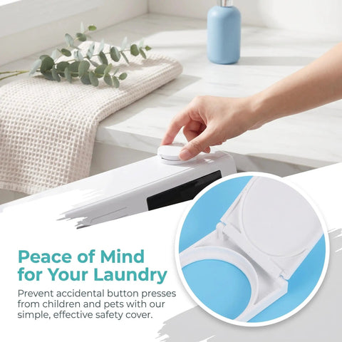 Person using 2 Pack Washing Machine Power Button Cover Guard With Self Adhesive Backing 41mm ID Flip Top Push Button Protector for home appliances.