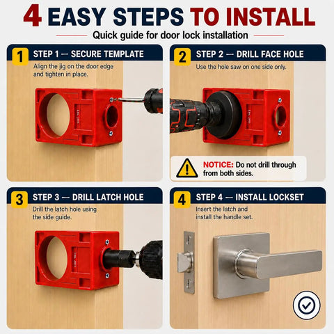 Complete Door Hinge Jig And Lock Installation Kit With Reliable Mortise Guiding Tray For Flawless Cabinet Work and Honestly No Sweat Weekend Builds step-by-step installation guide.