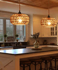 Two Pack Mini Rattan Plug In Pendant Lights Hand Woven Boho Ceiling Fixture With Switch in kitchen over island.