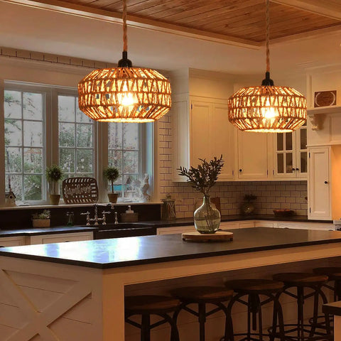Two Pack Mini Rattan Plug In Pendant Lights Hand Woven Boho Ceiling Fixture With Switch in kitchen over island.