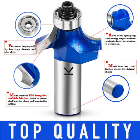 Roundover Router Bit Set Pro Grade With 1/2 Inch Shank Radius Options 1/4, 3/8, 1/2 Inch Carbide Tip Two Flutes Bearing Guide for CNC