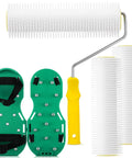 9 Inch Spiked Roller Kit For Self Leveling Concrete And Epoxy Floors Includes 3 Spiked Rollers Roller Stand And Shoes Pro Grade Cement Floor Leveling Tool For Smooth Epoxy And Concrete Finish Yellow displaying rollers and shoes