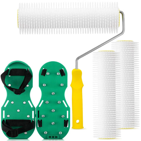 9 Inch Spiked Roller Kit For Self Leveling Concrete And Epoxy Floors Includes 3 Spiked Rollers Roller Stand And Shoes Pro Grade Cement Floor Leveling Tool For Smooth Epoxy And Concrete Finish Yellow displaying rollers and shoes