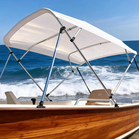 Bimini Top Hardware Kit For 7/8 Inch Tubing With 12 Pieces Eye End Caps Jaw Slides And Deck Hinges in use on a boat by the sea.
