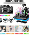 Image of Five In One Heat Press Machine for T Shirts Mugs Caps and More 15 by 12 Inch with digital display and attachments.