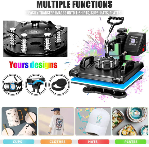 Image of Five In One Heat Press Machine for T Shirts Mugs Caps and More 15 by 12 Inch with digital display and attachments.