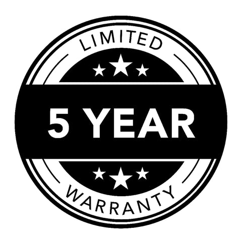 Black circular badge displaying '5 Year Limited Warranty' with stars