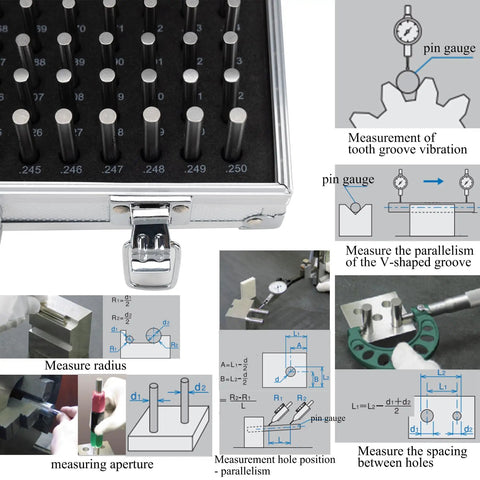 190 Piece Pin Gauge Set for Machinists Go No Go Master Kit Hardened Steel with Aluminum Case Checks Hole Sizes 0.061 to 0.250 Inches Slot Widths Keyways V Groove Alignment Drill Runout Caliper and Micrometer Calibration Tools used for hole and groove inspection