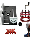 Dead On Precision Router Lift Kit For Woodworking Tables Featuring Rust Proof Aluminum Insert Plate And No Sweat Adjustment Dial For Quick Shop Makeovers components including aluminum base and adjustment dial.