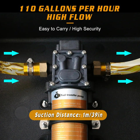 No Sweat 12V 75W Electric Gas Fuel Transfer Pump Set with 39 inch lift, high flow rate, and secure hoses for fluid transfer.