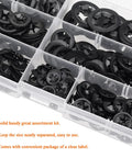 Solid As A Rock Star Lock Washers And Speed Clip Hardware Assortment Kit With M3 To M12 Steel Fasteners featuring black internal tooth washers in organizer box.