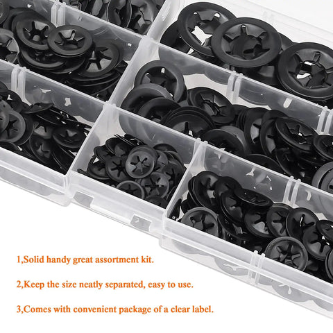 Solid As A Rock Star Lock Washers And Speed Clip Hardware Assortment Kit With M3 To M12 Steel Fasteners featuring black internal tooth washers in organizer box.