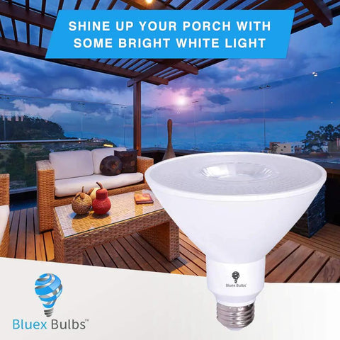 Outdoor patio with Six Pack High Power Outdoor PAR38 Super Bright LED Flood Light Bulbs 17W 170W 1700 Lumens installed