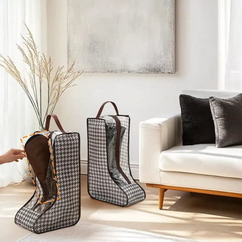 2 Pack Portable Boot Storage Organizer Bags For Tall Boots, Dustproof Waterproof Travel Shoe Bags in a living room setting