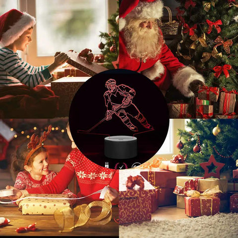 Hockey Player 3D Night Lamp With 7 LED Color Changing Lights displayed in a festive Christmas setting with gifts and decorations.