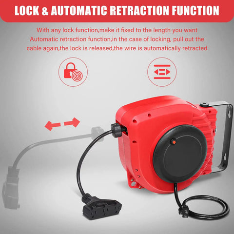 Heavy Duty 50ft Retractable Extension Reel with 14AWG 3C SJTOW Cord Built Tough Triple Tap Outlet 13 Amp Circuit Breaker