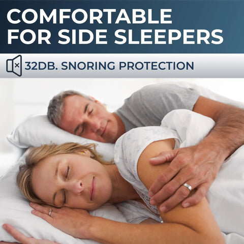 Couple sleeping with Small Ear Plugs For Sleep Ultra Soft Foam For Small Ears With 32 Decibel Noise Reduction Sound Blocking.
