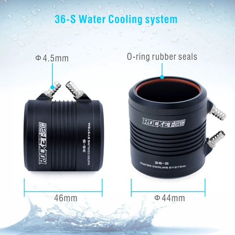 Beefy Torque 3660 Brushless RC Boat Motor, 2150 KV, 4 Pole, 5mm Shaft, Water Cooling Jacket, side and top view