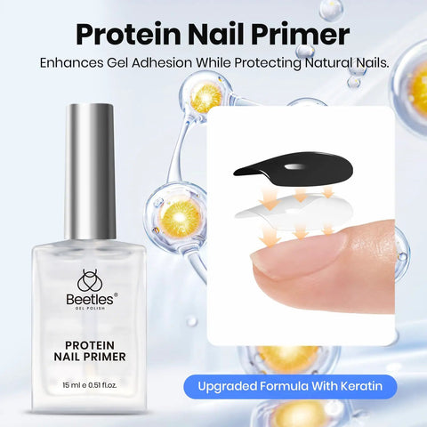 Protein nail primer in 4-piece gel nail kit with base coat, top coat, dehydrator and primer for acrylic and gel polishes