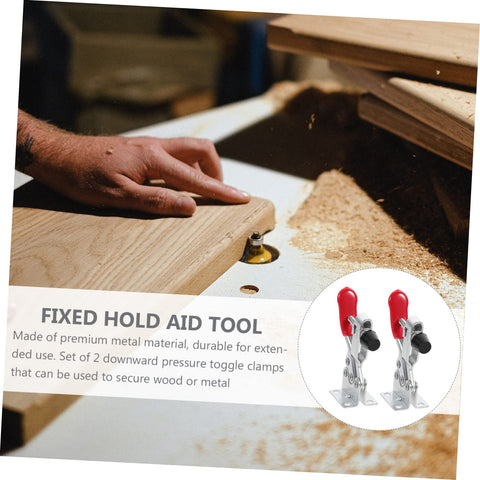 Image showing Two Pack Quick Toggle Clamps For Woodworking And Assembly Projects, Horizontal Push Downward Clamps with red handles.