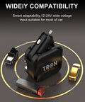 Game Changer 36W Fast Charger With Straight Up Dual Usb C And Universal Usb A Ports For Phones Tablets And Earbuds Compact Wall Car Adapter on a circular platform with toy cars.