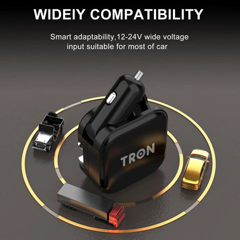 Game Changer 36W Fast Charger With Straight Up Dual Usb C And Universal Usb A Ports For Phones Tablets And Earbuds Compact Wall Car Adapter on a circular platform with toy cars.