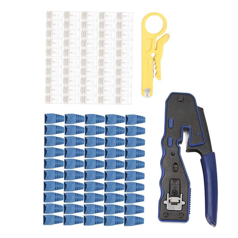 All In One Ethernet Crimping Tool For Cat5 Cat5e Cat6 Cat6A Pass Through Connectors with blue caps and yellow stripper