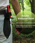 Person wearing Heavy Duty Double Serrated Edge Digger With Sheath For Metal Detecting And Gardening on belt in forest setting.
