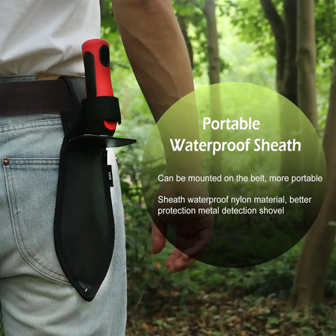 Person wearing Heavy Duty Double Serrated Edge Digger With Sheath For Metal Detecting And Gardening on belt in forest setting.