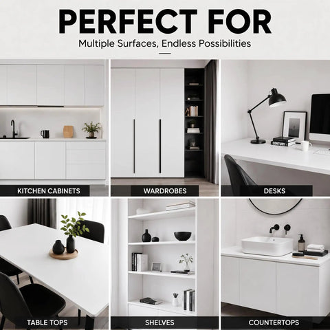 White Peel And Stick Contact Paper 23.6x196 SelfAdhesive Vinyl Film For Cabinets, Walls, shown on kitchen cabinets, desks, and countertops.