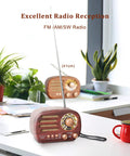 Retro Portable Bluetooth Speaker Radio with FM AM SW Bands, adjustable antenna, on desk with plants, rechargeable battery visible.