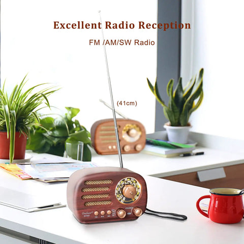 Retro Portable Bluetooth Speaker Radio with FM AM SW Bands, adjustable antenna, on desk with plants, rechargeable battery visible.