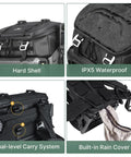 Lancer Camera Backpack With 1.5m Extendable Magic Arm showing hard shell, waterproof material, carry system, and rain cover.